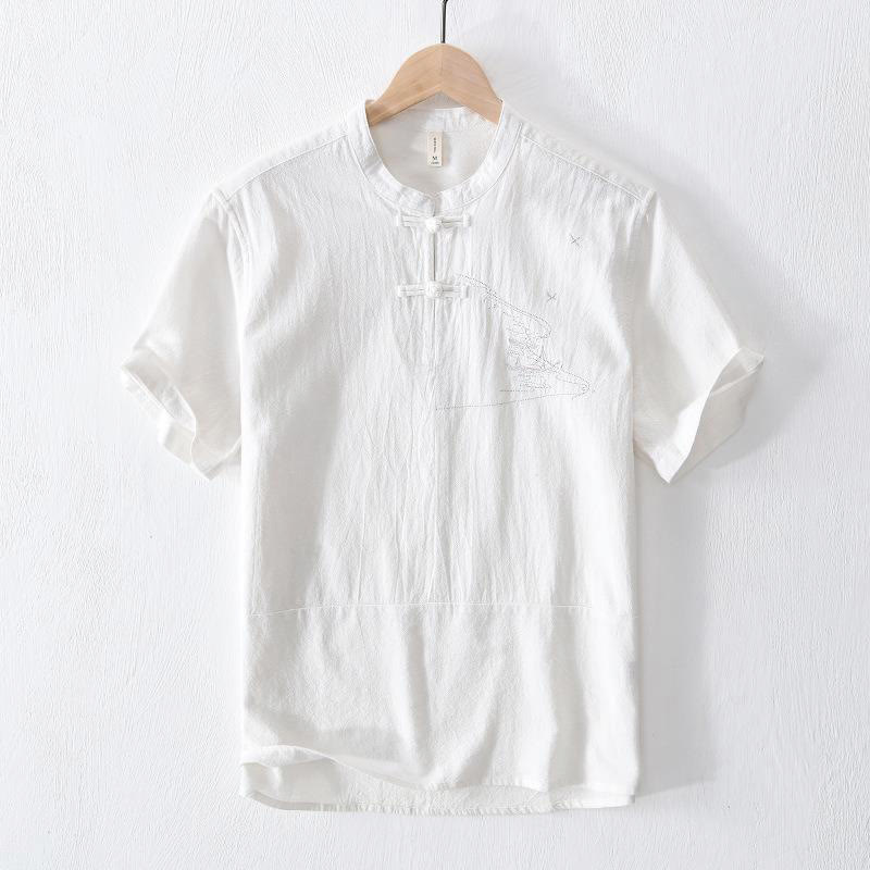 Camicia da uomo in cotone e lino con maniche corte, collo alla coreana, bottoni a rana Buddha Stones