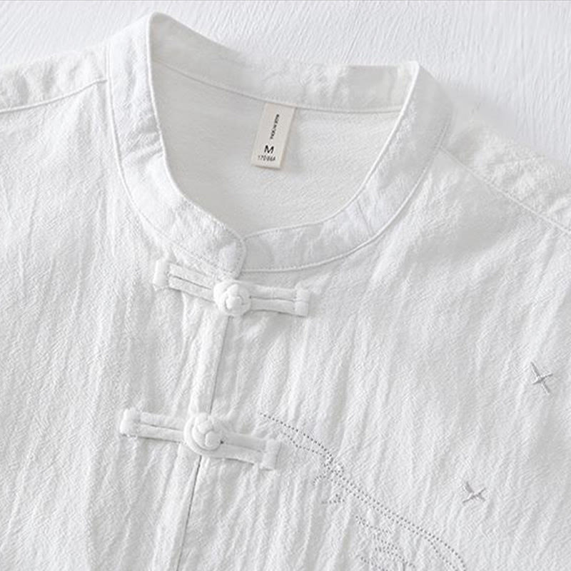 Camicia da uomo in cotone e lino con maniche corte, collo alla coreana, bottoni a rana Buddha Stones