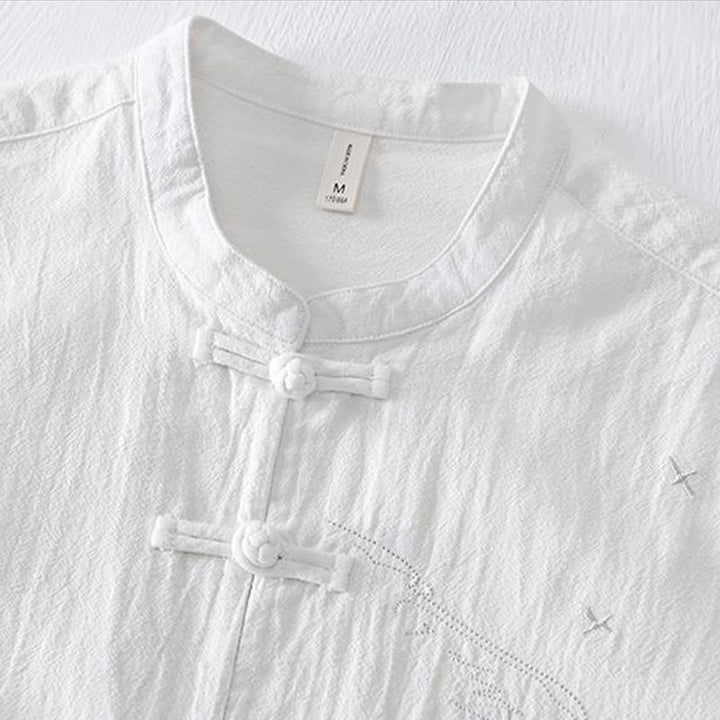 Camicia da uomo in cotone e lino con maniche corte, collo alla coreana, bottoni a rana Buddha Stones