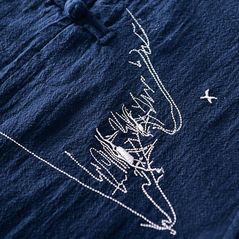 Camicia da uomo in cotone e lino con maniche corte, collo alla coreana, bottoni a rana Buddha Stones