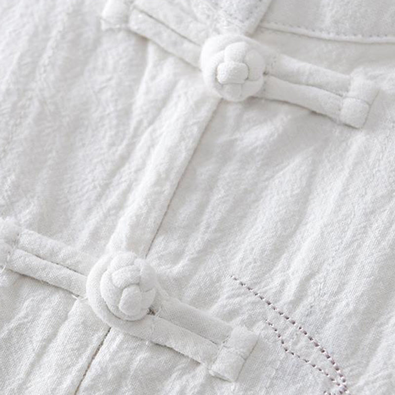Camicia da uomo in cotone e lino con maniche corte, collo alla coreana, bottoni a rana Buddha Stones