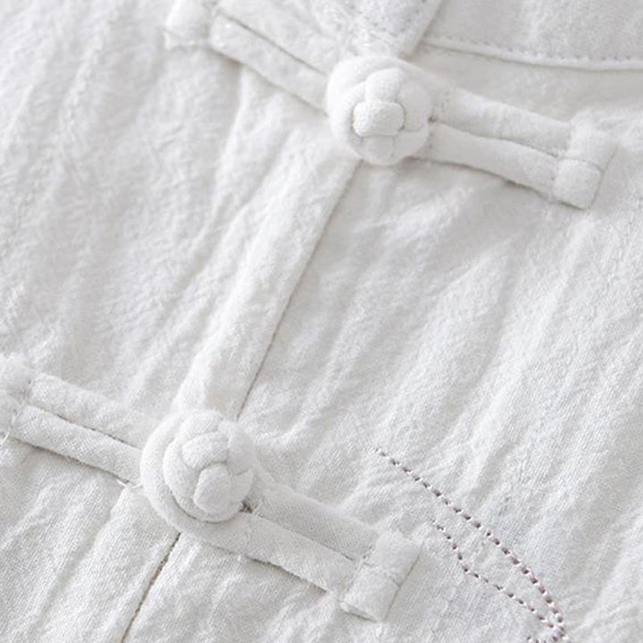 Camicia da uomo in cotone e lino con maniche corte, collo alla coreana, bottoni a rana Buddha Stones