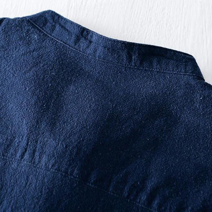 Camicia da uomo in cotone e lino con maniche corte, collo alla coreana, bottoni a rana Buddha Stones - image 5