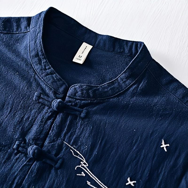 Camicia da uomo in cotone e lino con maniche corte, collo alla coreana, bottoni a rana Buddha Stones