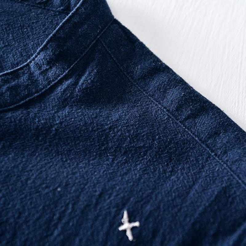 Camicia da uomo in cotone e lino con maniche corte, collo alla coreana, bottoni a rana Buddha Stones