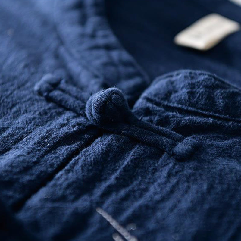 Camicia da uomo in cotone e lino con maniche corte, collo alla coreana, bottoni a rana Buddha Stones