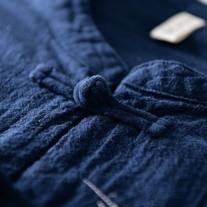Camicia da uomo in cotone e lino con maniche corte, collo alla coreana, bottoni a rana Buddha Stones