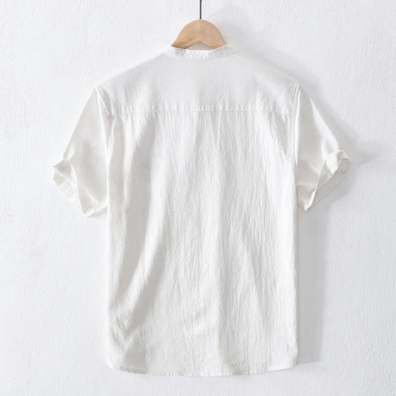 Camicia da uomo in cotone e lino con maniche corte, collo alla coreana, bottoni a rana Buddha Stones