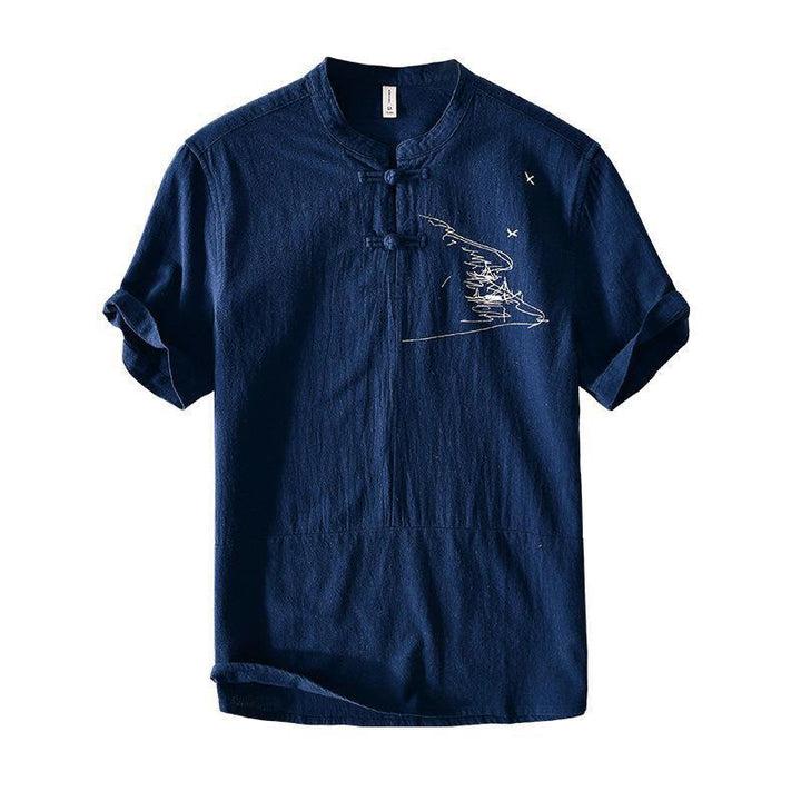 Camicia da uomo in cotone e lino con maniche corte, collo alla coreana, bottoni a rana Buddha Stones