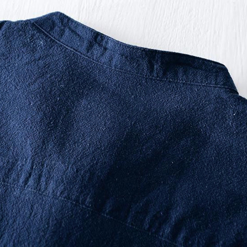 Camicia da uomo in cotone e lino con maniche corte, collo alla coreana, bottoni a rana Buddha Stones