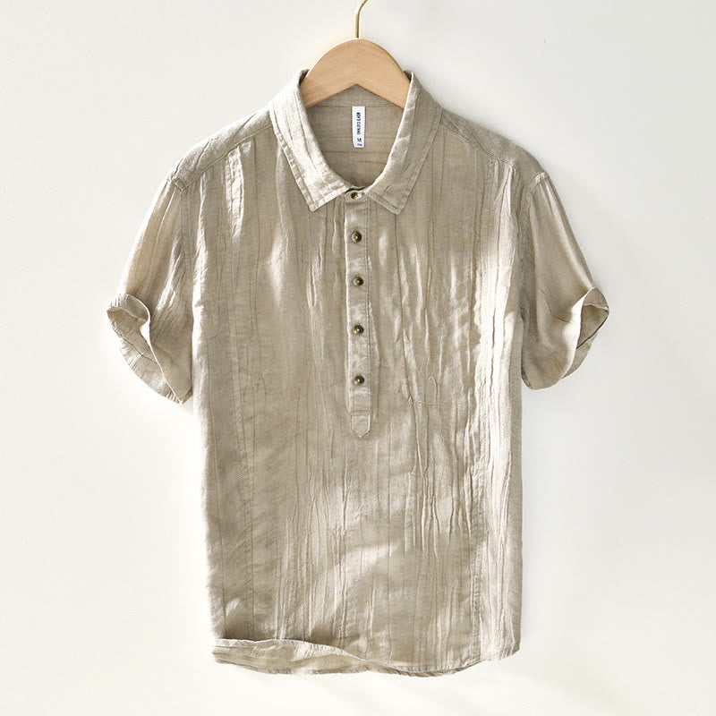 Camicia da uomo in lino ramiè con risvolto semplice e bottoni a metà, motivo Buddha Stones - PaleGoldenrod - US/UK/AU44, EU54 (4XL) - image 0