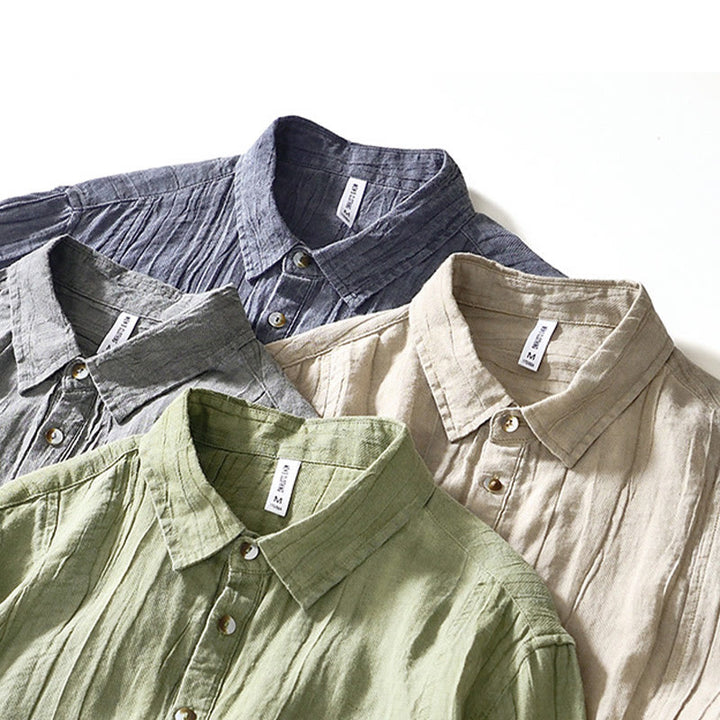 Camicia da uomo in lino ramiè con risvolto semplice e bottoni a metà, motivo Buddha Stones - image 25