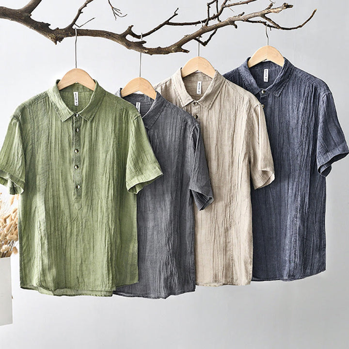 Camicia da uomo in lino ramiè con risvolto semplice e bottoni a metà, motivo Buddha Stones - image 26