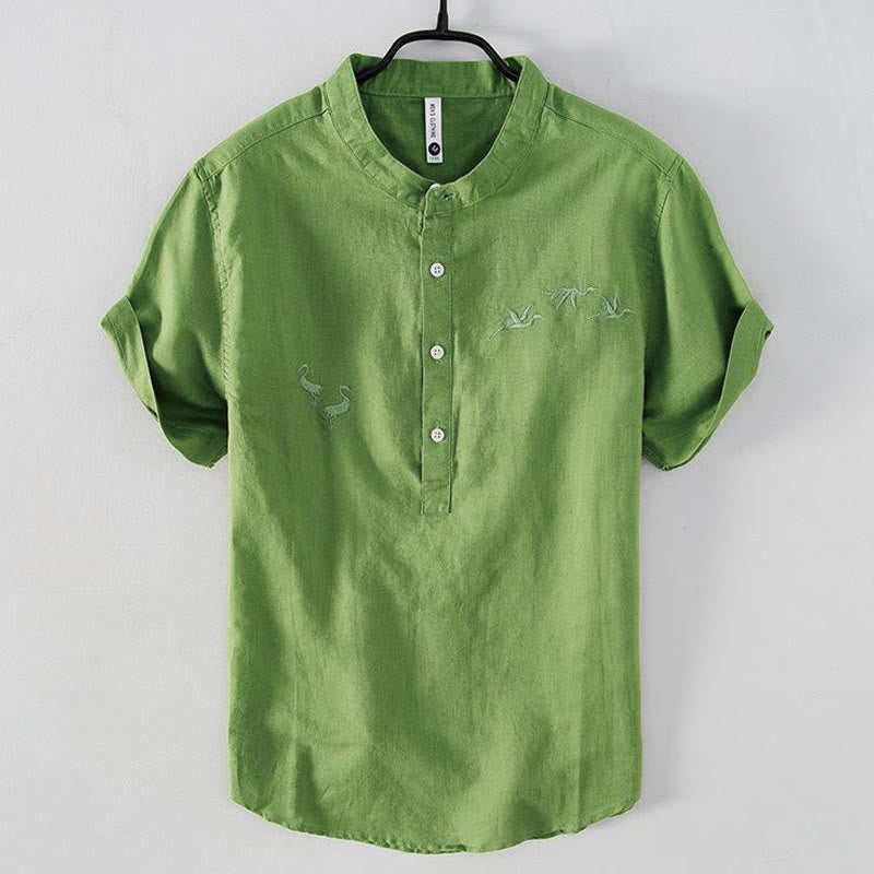 Camicia da uomo in cotone e lino con collo alto, mezza abbottonatura, motivo gru, ricamo morbido Buddha Stones