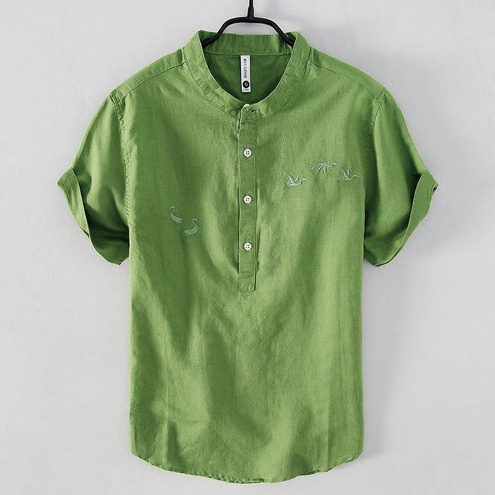 Camicia da uomo in cotone e lino con collo alto, mezza abbottonatura, motivo gru, ricamo morbido Buddha Stones