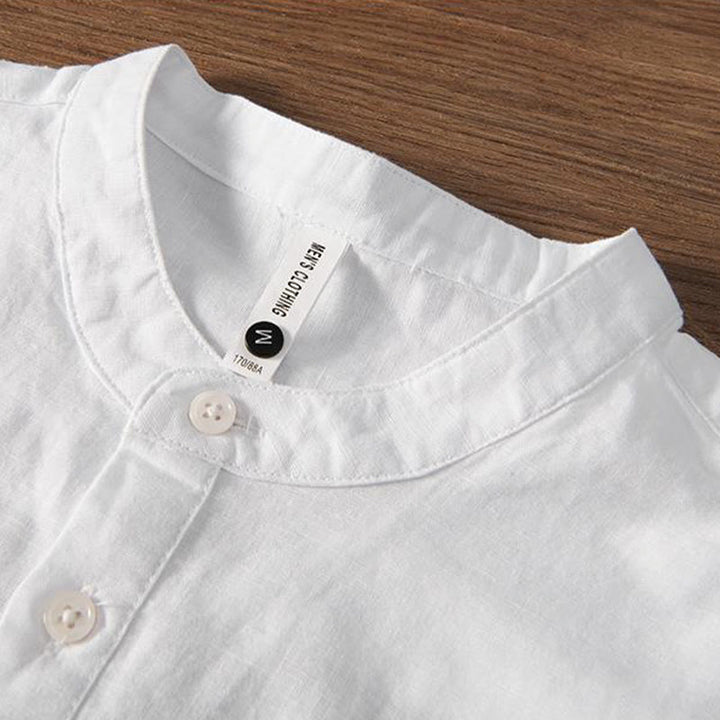 Camicia da uomo in cotone e lino con collo alto, mezza abbottonatura, motivo gru, ricamo morbido Buddha Stones - image 3