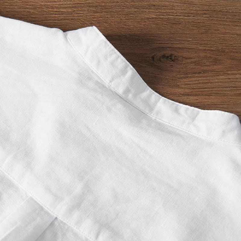 Camicia da uomo in cotone e lino con collo alto, mezza abbottonatura, motivo gru, ricamo morbido Buddha Stones