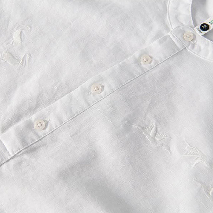 Camicia da uomo in cotone e lino con collo alto, mezza abbottonatura, motivo gru, ricamo morbido Buddha Stones