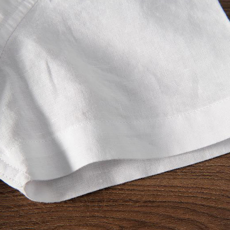 Camicia da uomo in cotone e lino con collo alto, mezza abbottonatura, motivo gru, ricamo morbido Buddha Stones
