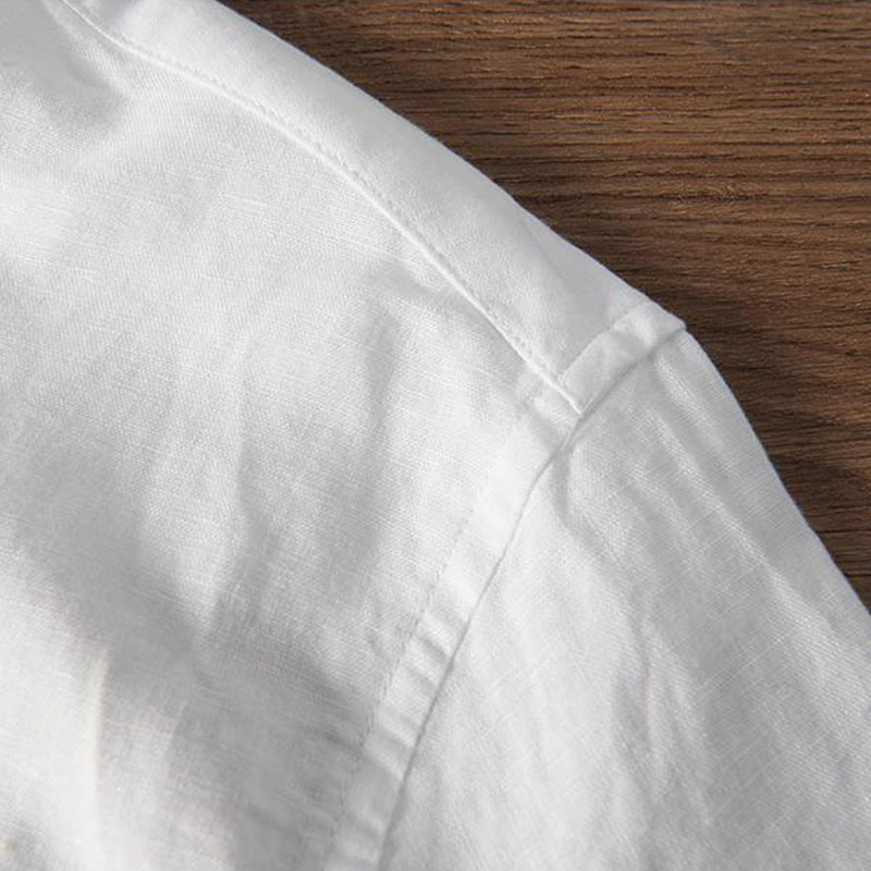 Camicia da uomo in cotone e lino con collo alto, mezza abbottonatura, motivo gru, ricamo morbido Buddha Stones