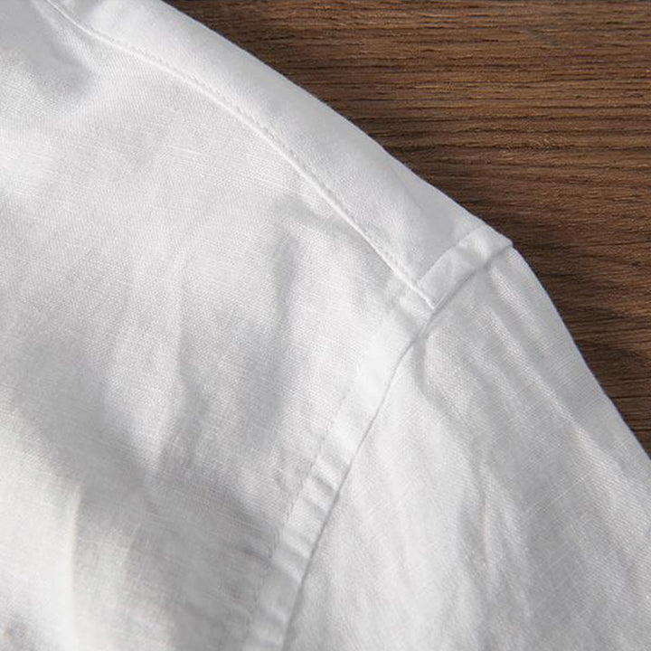 Camicia da uomo in cotone e lino con collo alto, mezza abbottonatura, motivo gru, ricamo morbido Buddha Stones