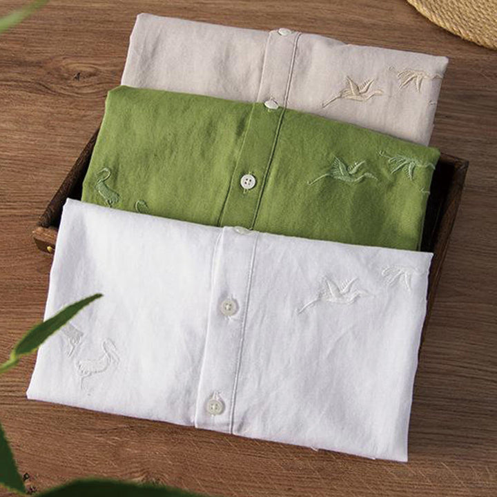 Camicia da uomo in cotone e lino con collo alto, mezza abbottonatura, motivo gru, ricamo morbido Buddha Stones