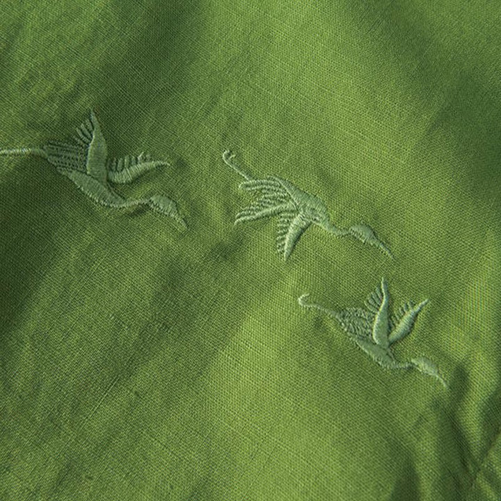 Camicia da uomo in cotone e lino con collo alto, mezza abbottonatura, motivo gru, ricamo morbido Buddha Stones - image 13