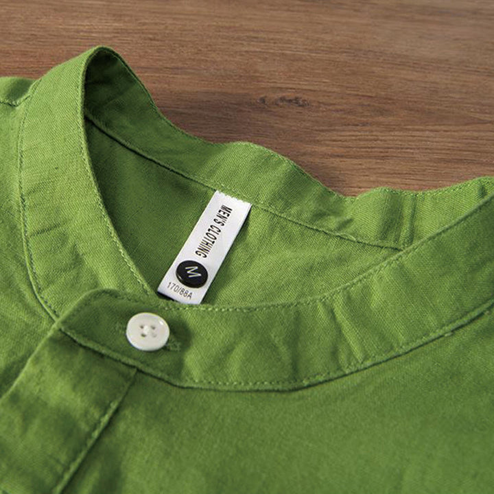 Camicia da uomo in cotone e lino con collo alto, mezza abbottonatura, motivo gru, ricamo morbido Buddha Stones