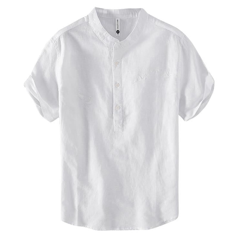 Camicia da uomo in cotone e lino con collo alto, mezza abbottonatura, motivo gru, ricamo morbido Buddha Stones
