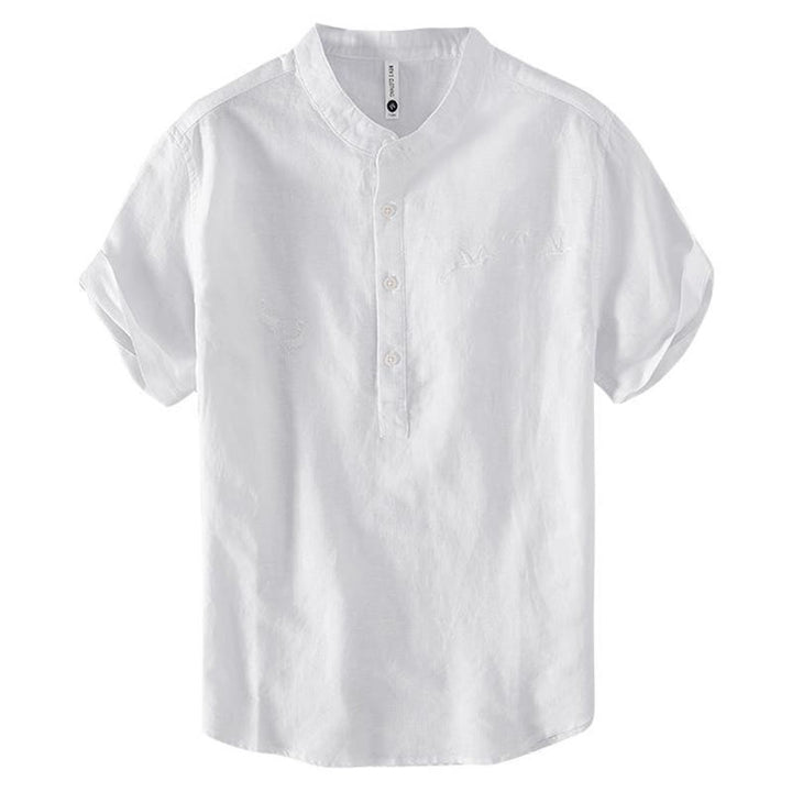 Camicia da uomo in cotone e lino con collo alto, mezza abbottonatura, motivo gru, ricamo morbido Buddha Stones