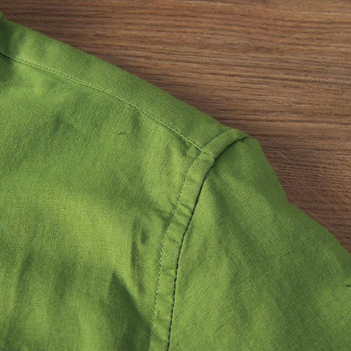 Camicia da uomo in cotone e lino con collo alto, mezza abbottonatura, motivo gru, ricamo morbido Buddha Stones
