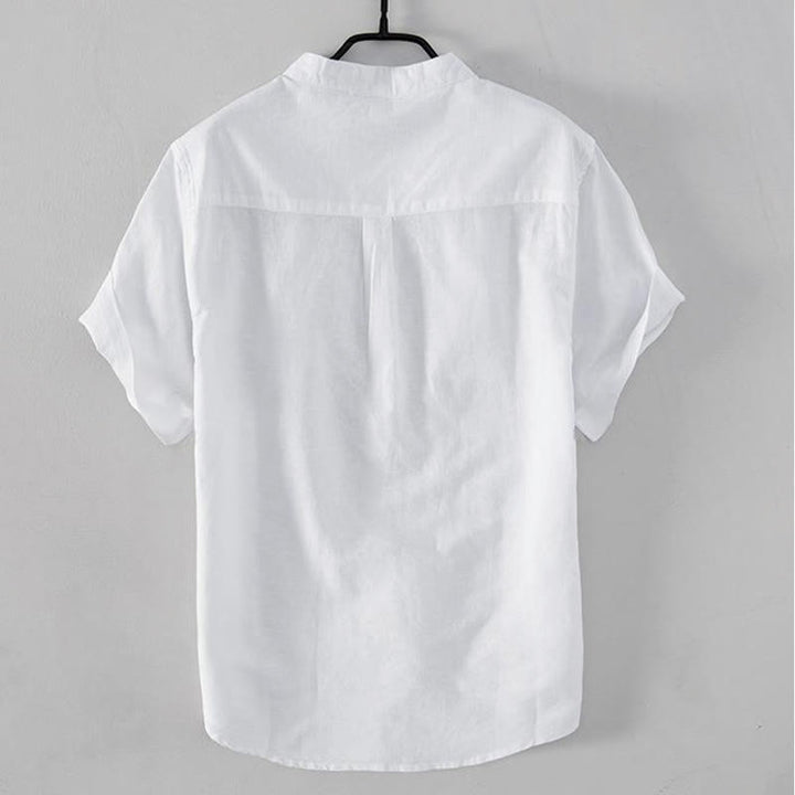Camicia da uomo in cotone e lino con collo alto, mezza abbottonatura, motivo gru, ricamo morbido Buddha Stones