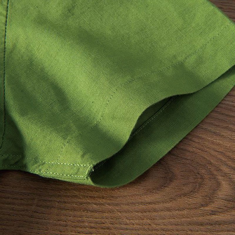 Camicia da uomo in cotone e lino con collo alto, mezza abbottonatura, motivo gru, ricamo morbido Buddha Stones