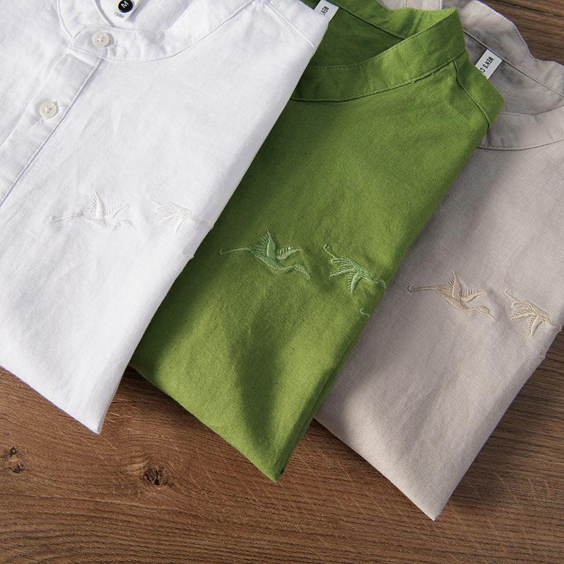 Camicia da uomo in cotone e lino con collo alto, mezza abbottonatura, motivo gru, ricamo morbido Buddha Stones