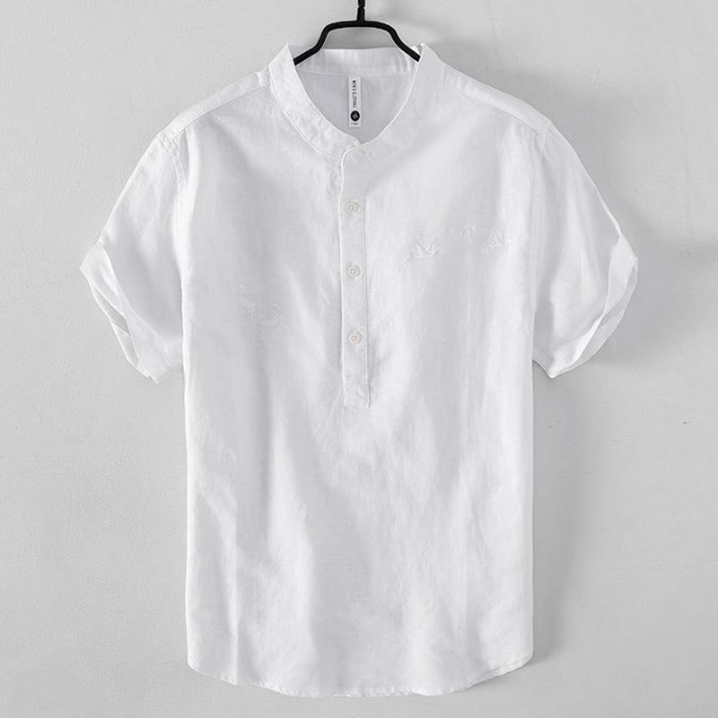 Camicia da uomo in cotone e lino con collo alto, mezza abbottonatura, motivo gru, ricamo morbido Buddha Stones