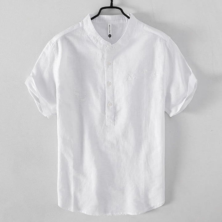 Camicia da uomo in cotone e lino con collo alto, mezza abbottonatura, motivo gru, ricamo morbido Buddha Stones
