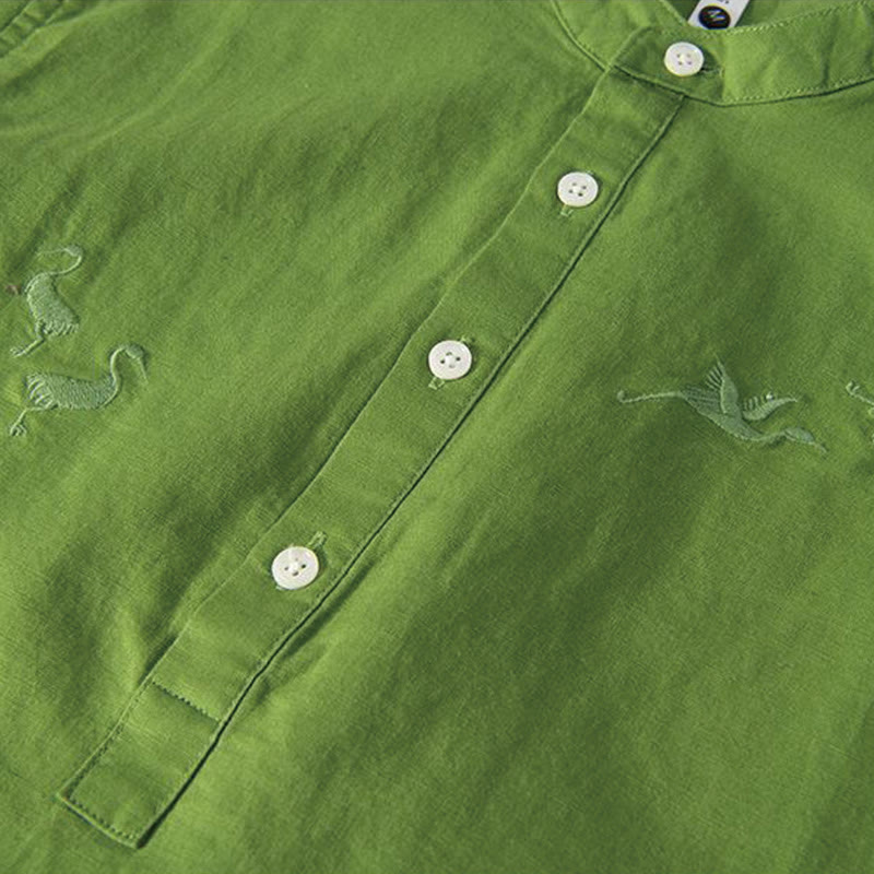Camicia da uomo in cotone e lino con collo alto, mezza abbottonatura, motivo gru, ricamo morbido Buddha Stones