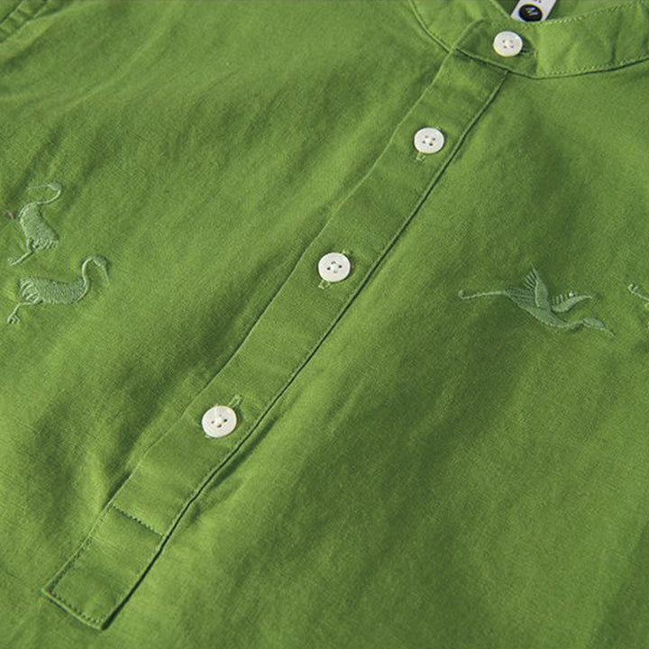 Camicia da uomo in cotone e lino con collo alto, mezza abbottonatura, motivo gru, ricamo morbido Buddha Stones