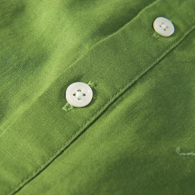 Camicia da uomo in cotone e lino con collo alto, mezza abbottonatura, motivo gru, ricamo morbido Buddha Stones