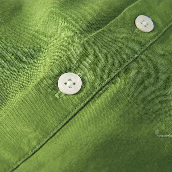 Camicia da uomo in cotone e lino con collo alto, mezza abbottonatura, motivo gru, ricamo morbido Buddha Stones