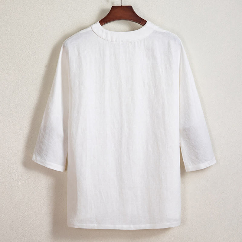Camicia da uomo in lino con maniche a tre quarti e bottoni a rana bianchi Buddha Stones
