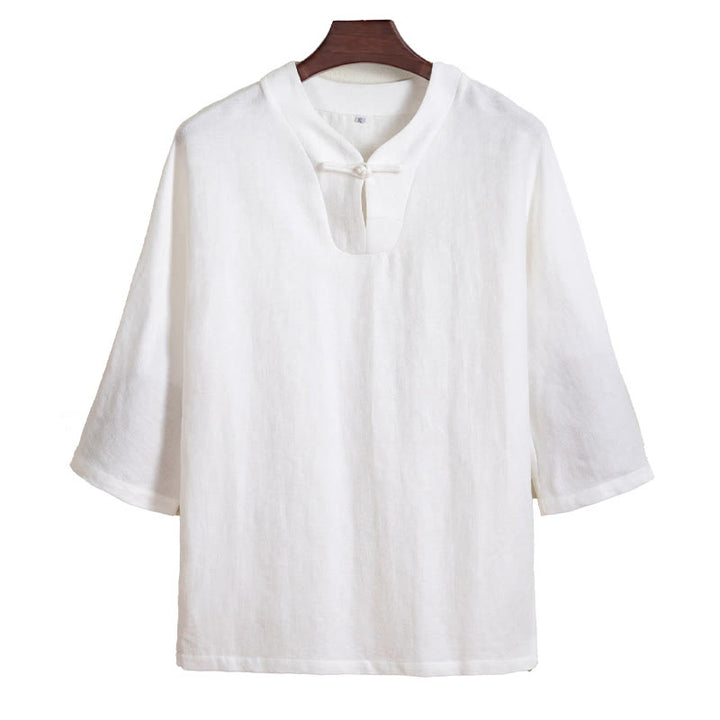 Camicia da uomo in lino con maniche a tre quarti e bottoni a rana bianchi Buddha Stones