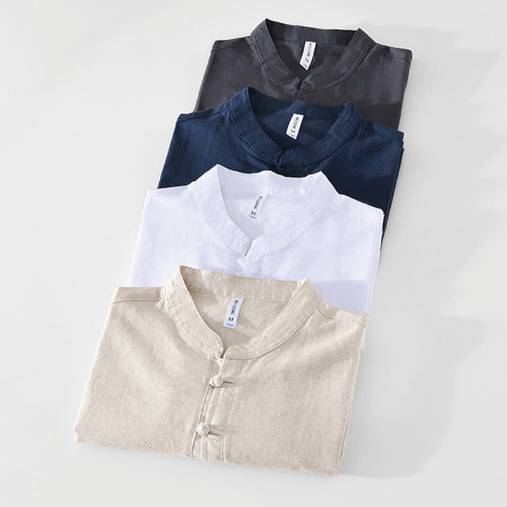 Camicia da uomo in cotone e lino con bottoni a mezza manica, modello Buddha Stones, morbida e semplice, con scollo a giro e bottoni a rana