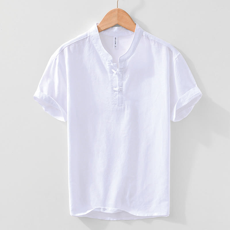Camicia da uomo in cotone e lino con bottoni a mezza manica, modello Buddha Stones, morbida e semplice, con scollo a giro e bottoni a rana