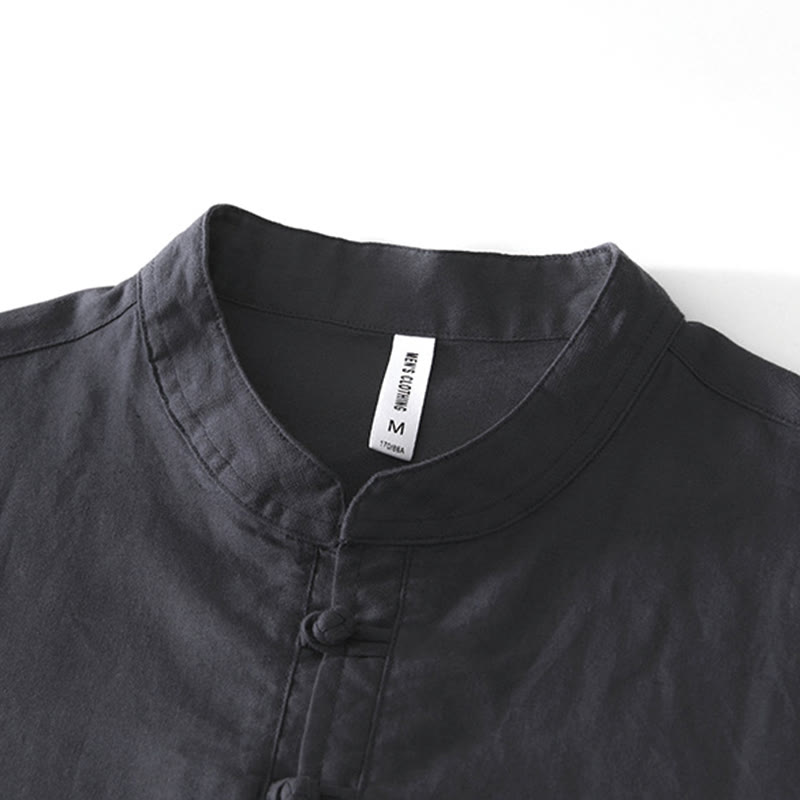 Camicia da uomo in cotone e lino con bottoni a mezza manica, modello Buddha Stones, morbida e semplice, con scollo a giro e bottoni a rana