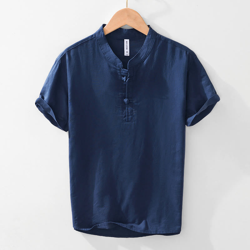 Camicia da uomo in cotone e lino con bottoni a mezza manica, modello Buddha Stones, morbida e semplice, con scollo a giro e bottoni a rana