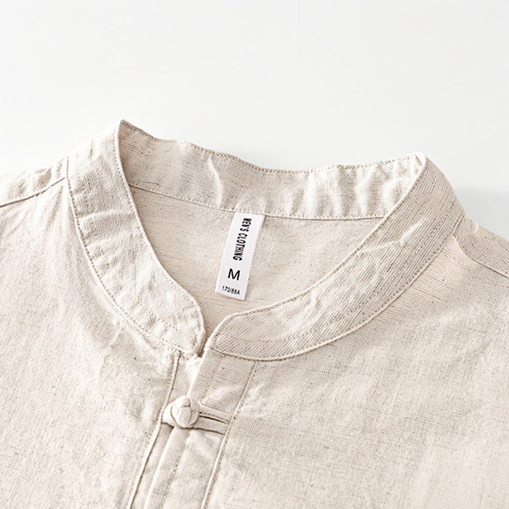 Camicia da uomo in cotone e lino con bottoni a mezza manica, modello Buddha Stones, morbida e semplice, con scollo a giro e bottoni a rana - image 1