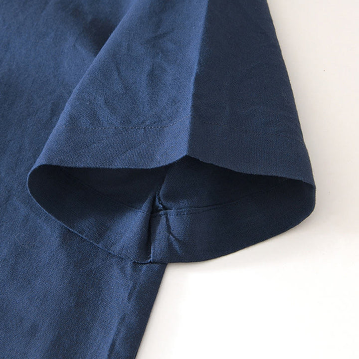 Camicia da uomo in cotone e lino con bottoni a mezza manica, modello Buddha Stones, morbida e semplice, con scollo a giro e bottoni a rana