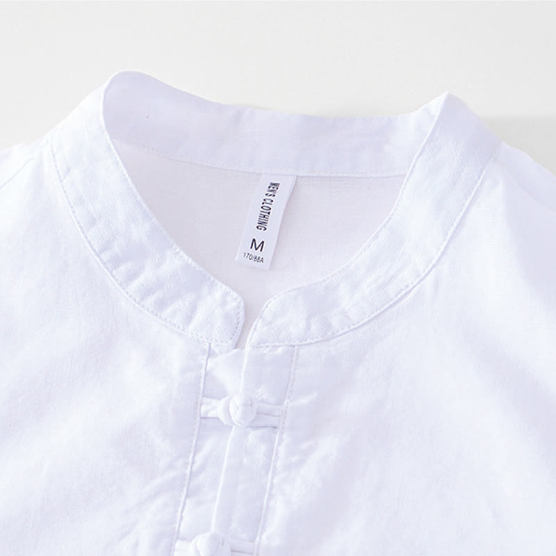 Camicia da uomo in cotone e lino con bottoni a mezza manica, modello Buddha Stones, morbida e semplice, con scollo a giro e bottoni a rana