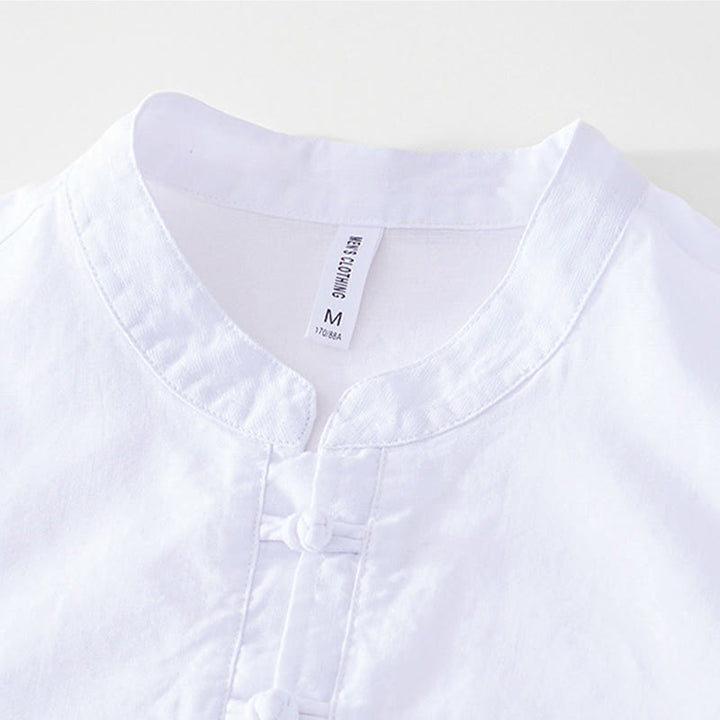 Camicia da uomo in cotone e lino con bottoni a mezza manica, modello Buddha Stones, morbida e semplice, con scollo a giro e bottoni a rana